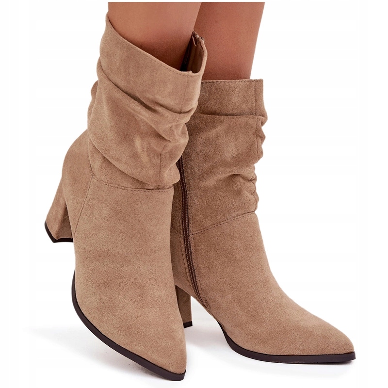 Dámské Kotníkové Boty Eko Semiš Podpatek Zateplený Sloupek S Řasením Béžové 40