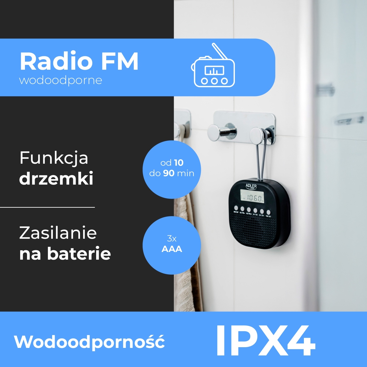 Radio FM Adler AD 1912 Wodoodporne IPX4 Budzik Drzemka