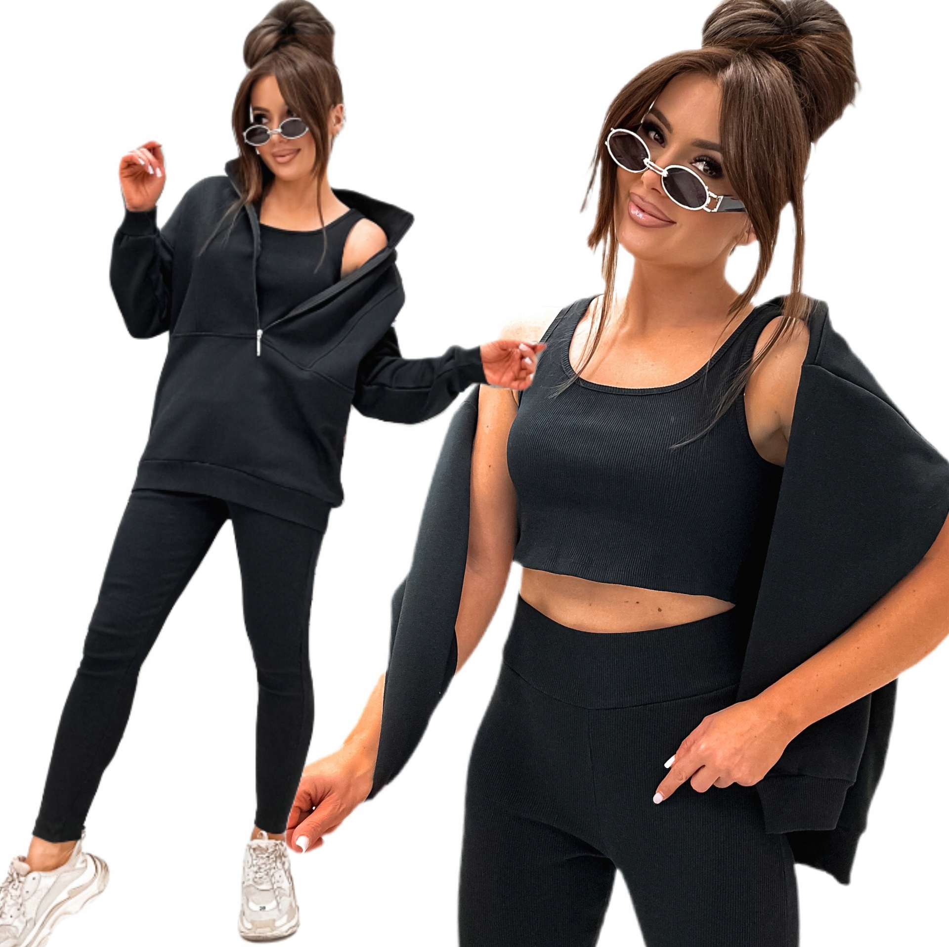 Komplet dresowy damski bawełniany 3-częściowy bluza na suwak top leginsy