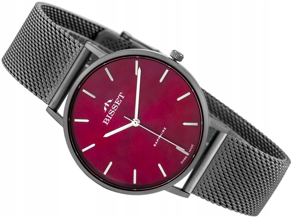 Dámské Hodinky Bisset BSBF33 BIS108 Sapphire Classic Grey Mesh Slim Red!