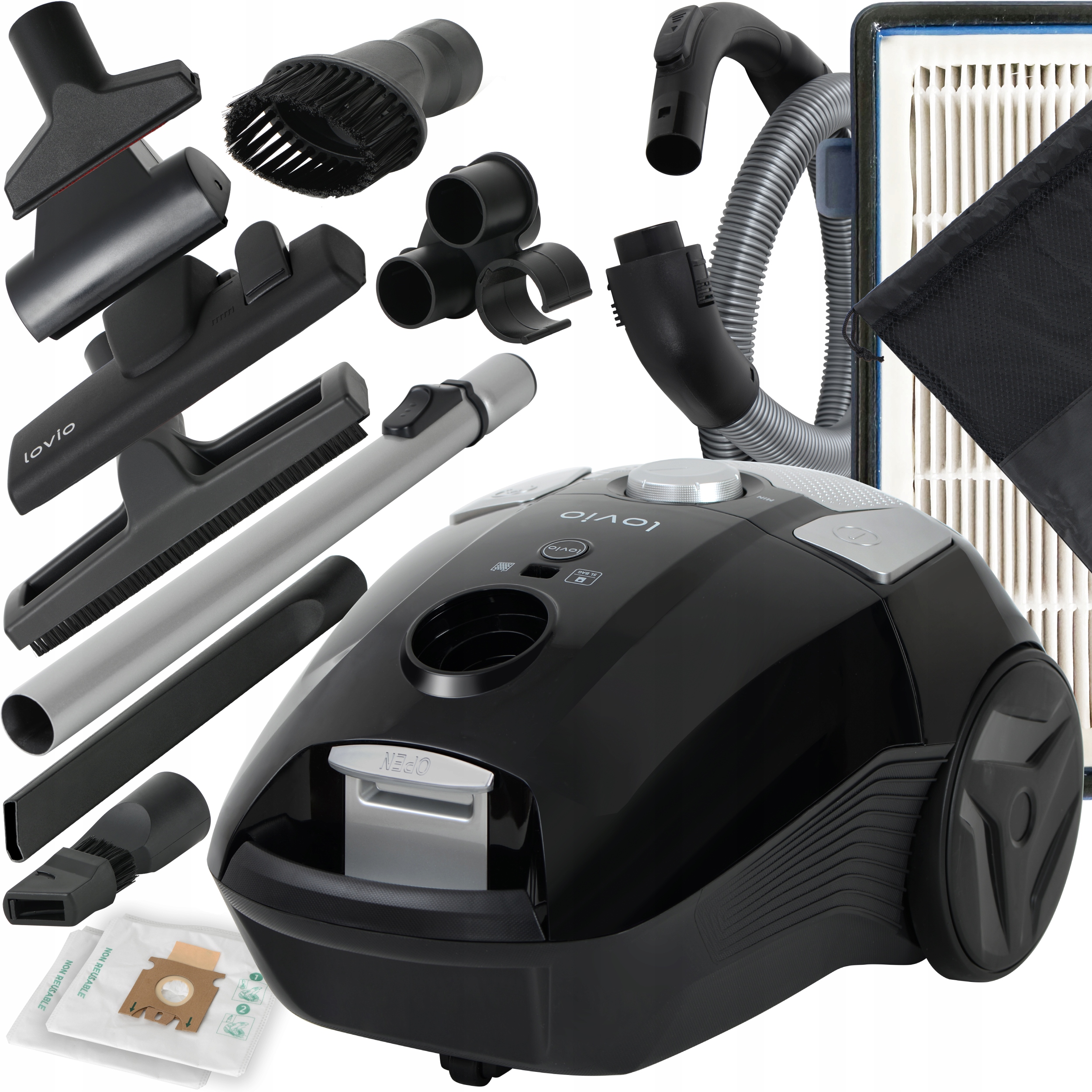 Odkurzacz workowy Hepa Turboszczotka Cichy Mocny 14w1 +3 Worki 900W Lovio