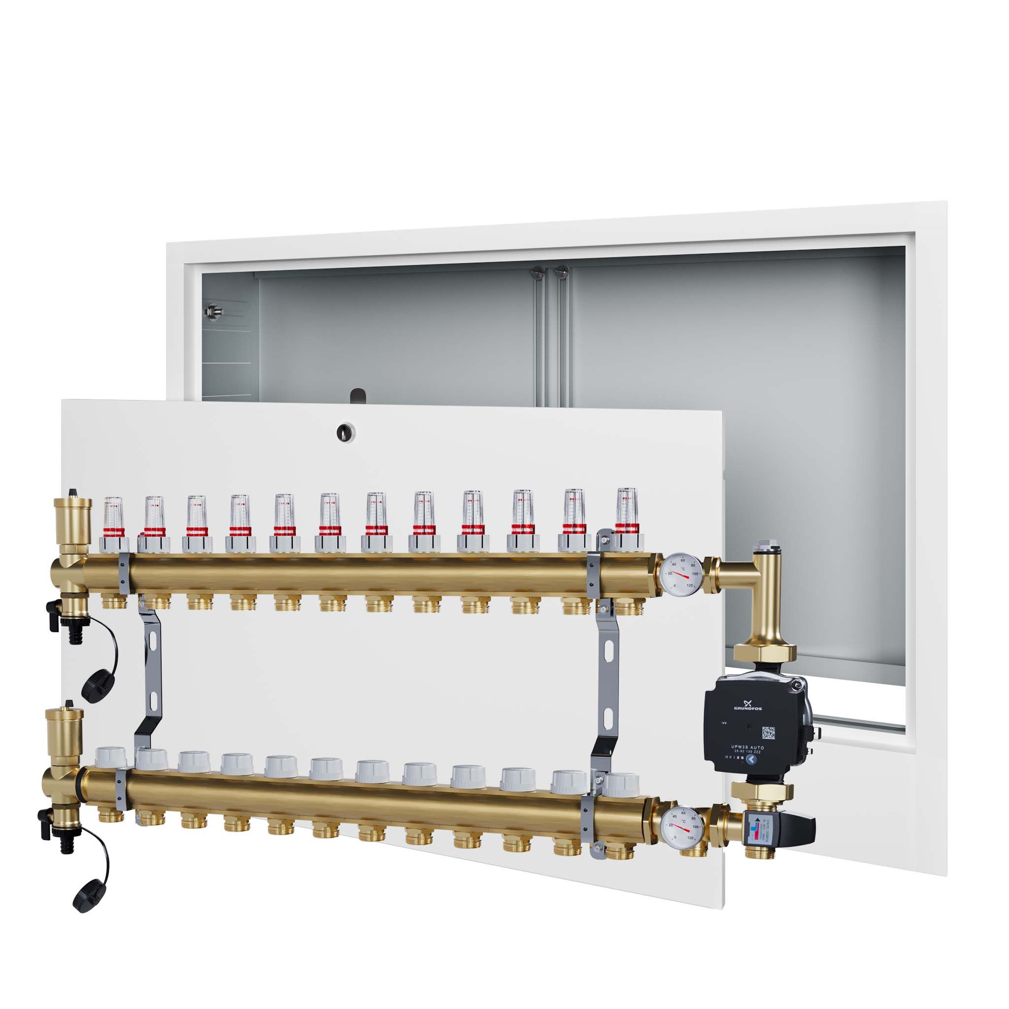 Rozdělovač pro podlahovku 12 s čerpací skupinou GRUNDFOS+podomítkový box