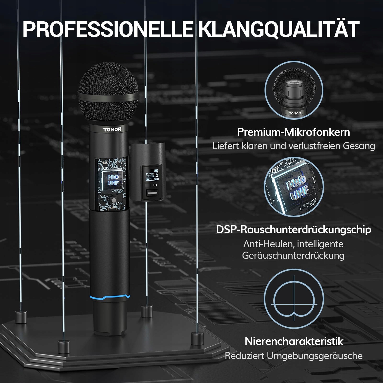 TONOR Mikrofon Bezprzewodowy UHF Zestaw 2x100 Regulowane Mikrofony Karaoke — miniatura 3