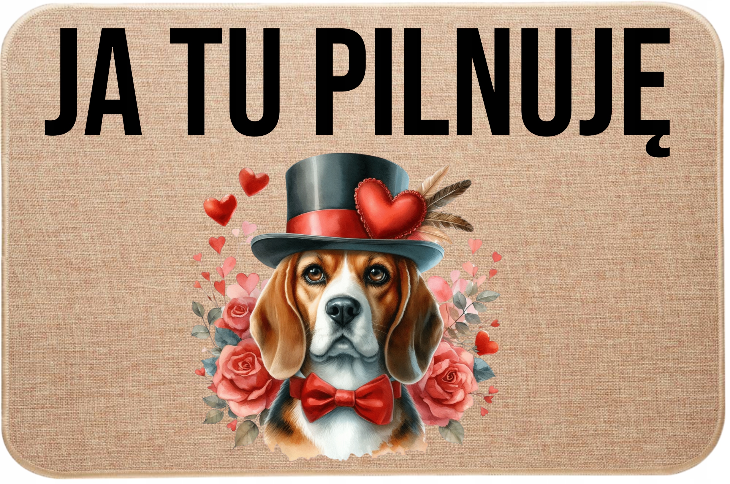 Lněná rohožka před dveřmi Já tady hlídám Beagle Valentýna Srdce