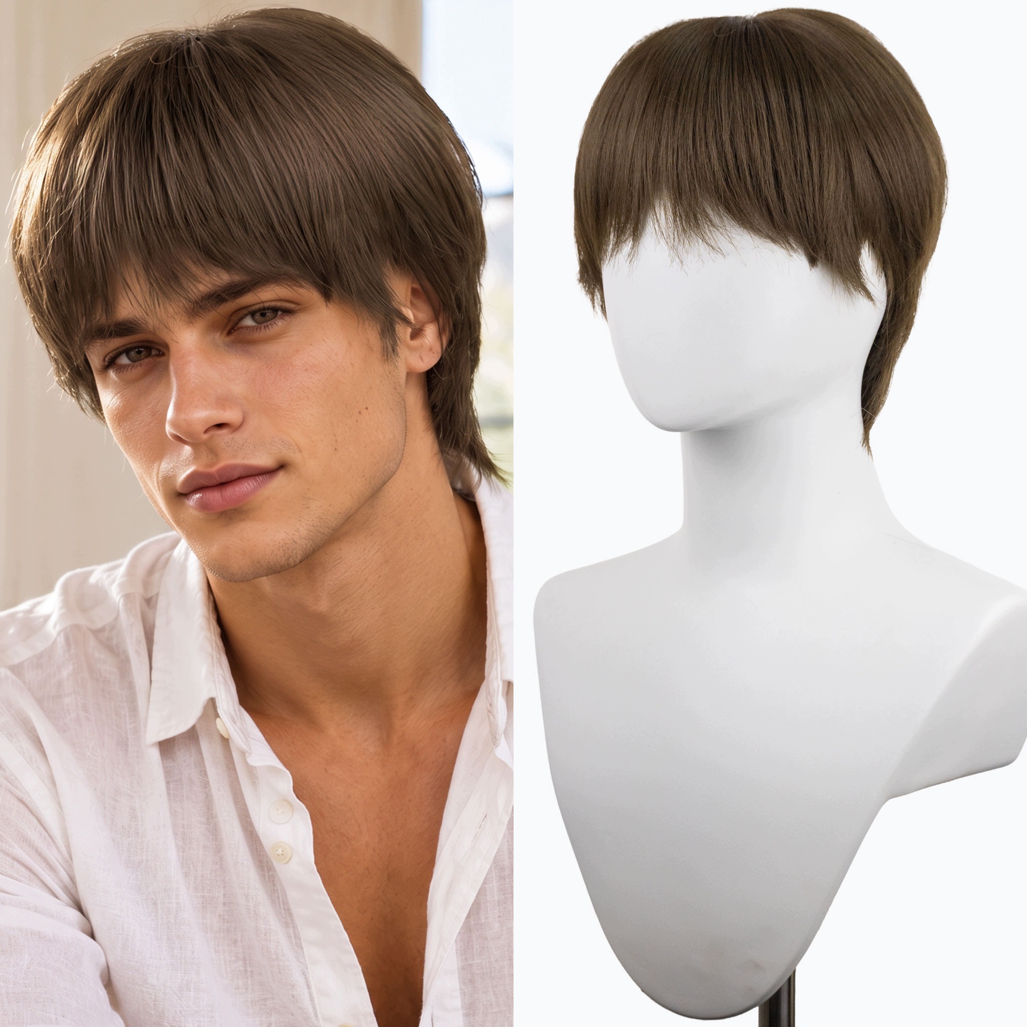 Peruka Syntetyczna Pixie cut krótka z grzywką lekka chłodny brąz Skin Top