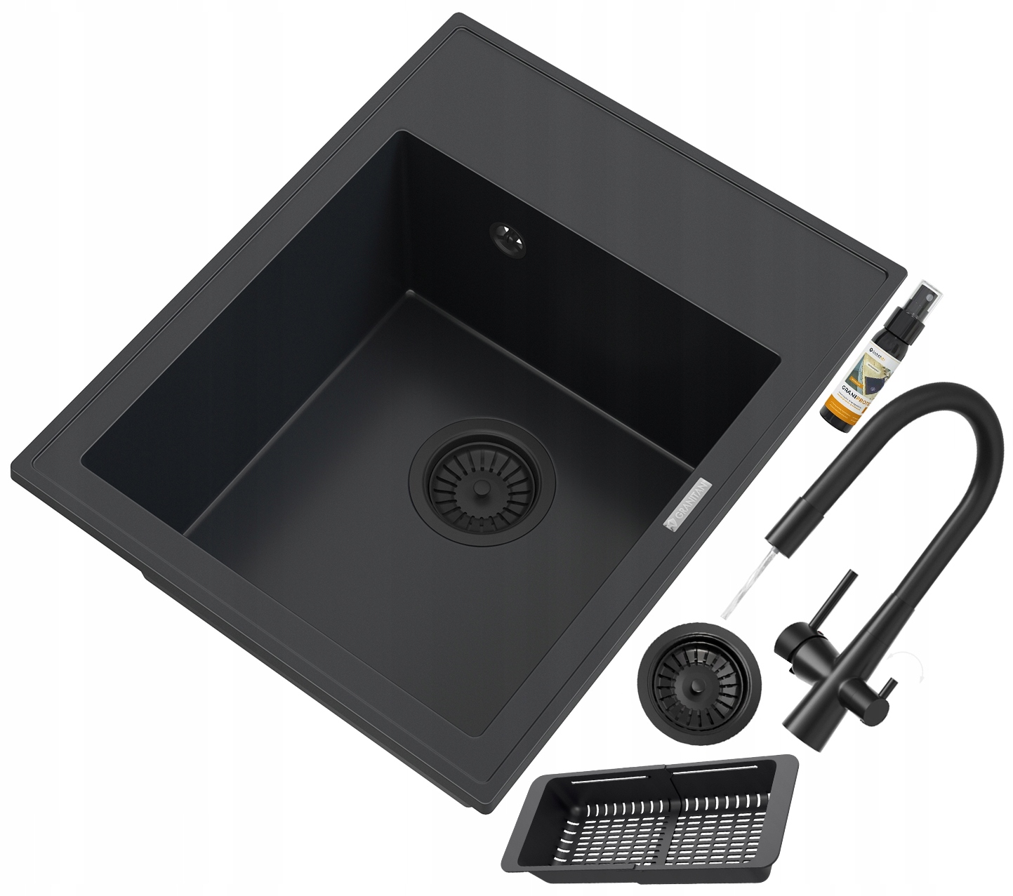 Čierny granitový drez Nero Sada trojcestná batéria, sifón, čierny košík