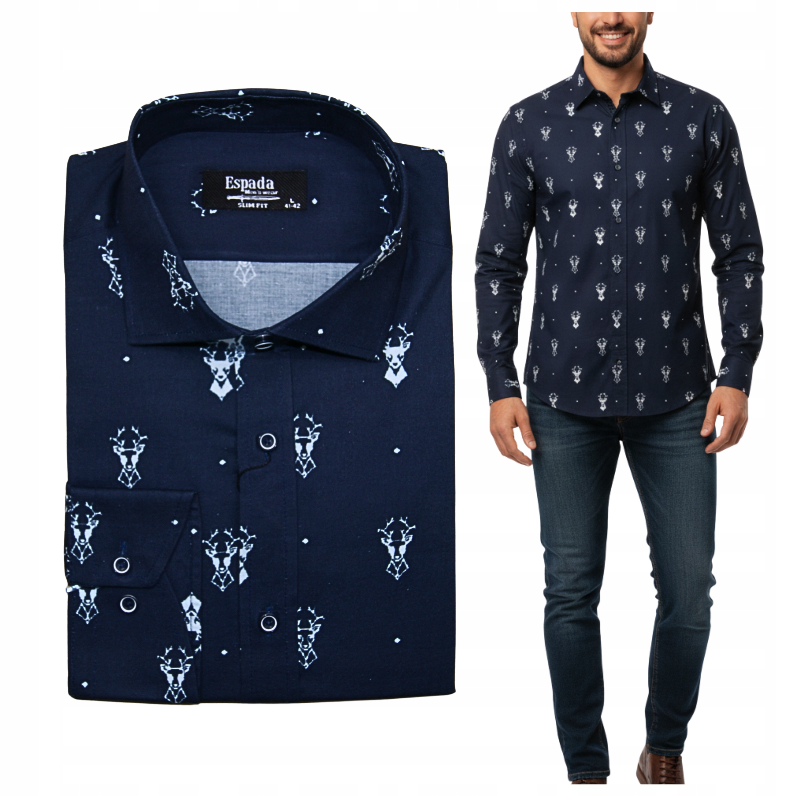 Tmavě Modrá košile na Vánoce Bílá sob Espada|l 41-42|Bavlna Slim Fit
