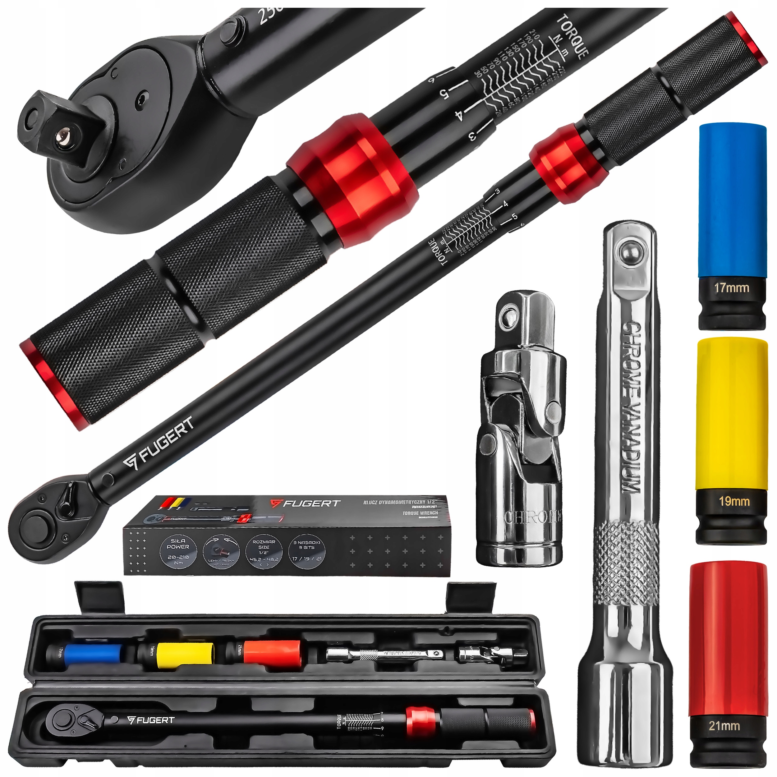 Klucz Dynamometryczny 1/2" 20-210NM Do Dokręcania Kół Zestaw Nasadek