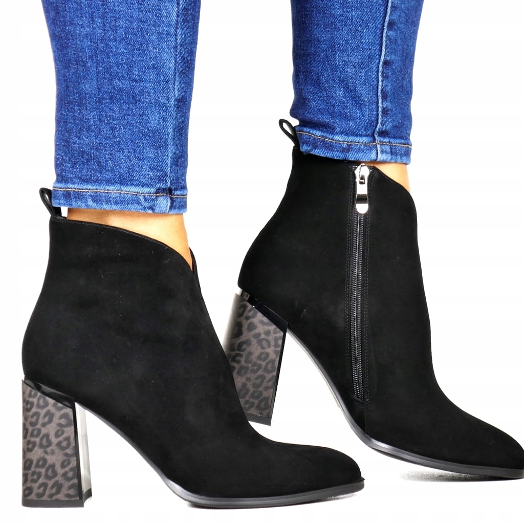 Dámské Kotníkové Boty Na Podpatku Elegantní Panterka Černá Semišová Kůže