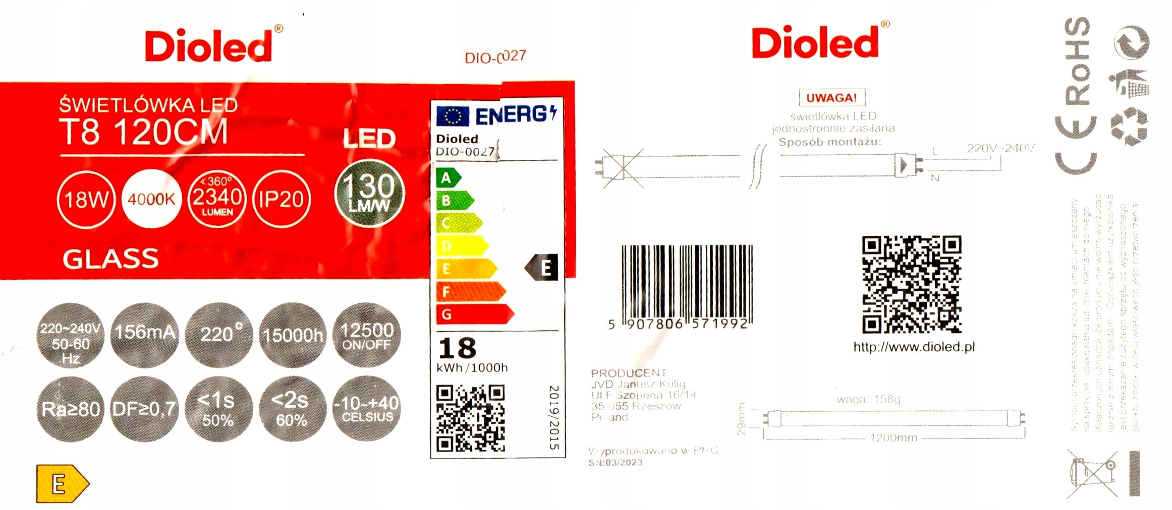 Led Žiarivka T8 18W 120 cm Dioleb DIO-0027 25 š