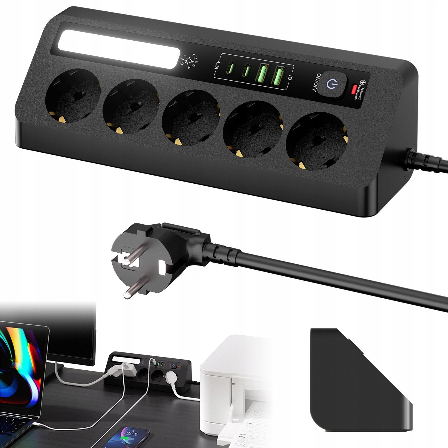 Zásuvková Lišta 1.8 M S Led 5 Zásuvkami A 4 Usb Porty, Černá