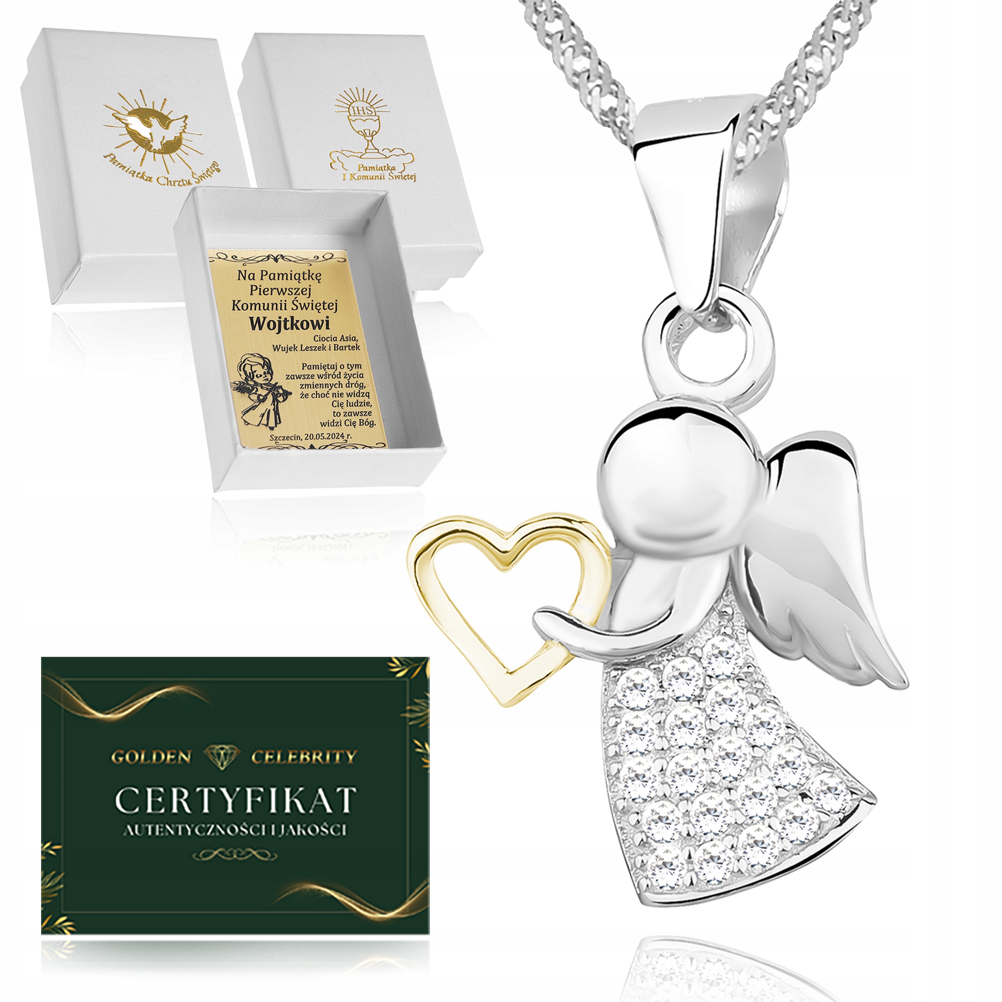 NASZYJNIK SREBRNY ANIOŁEK ANIOŁ ŁAŃCUSZEK ZAWIESZKA KOMUNIA CHRZEST ROCZEK