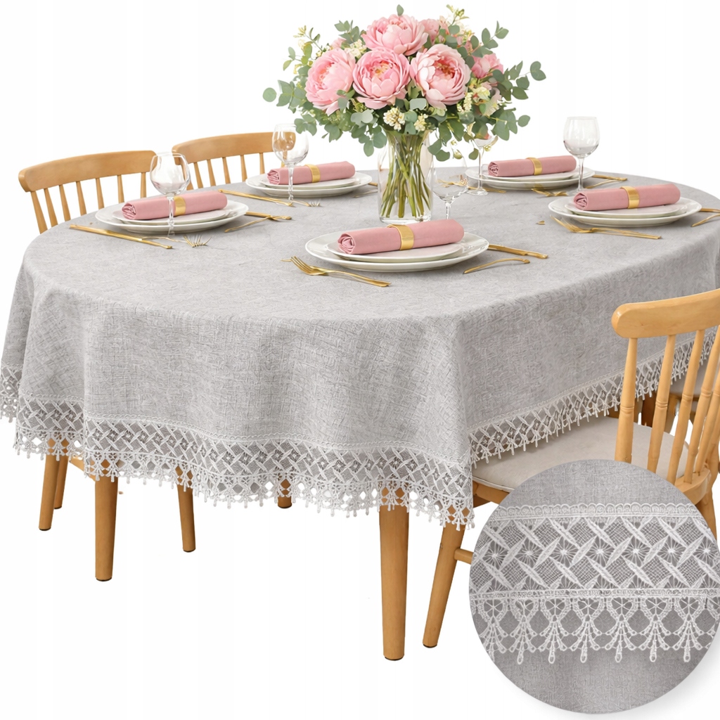 Oválný ubrus na stůl Elegantní Šedý Hladký na Vánoce s krajkou 130X180