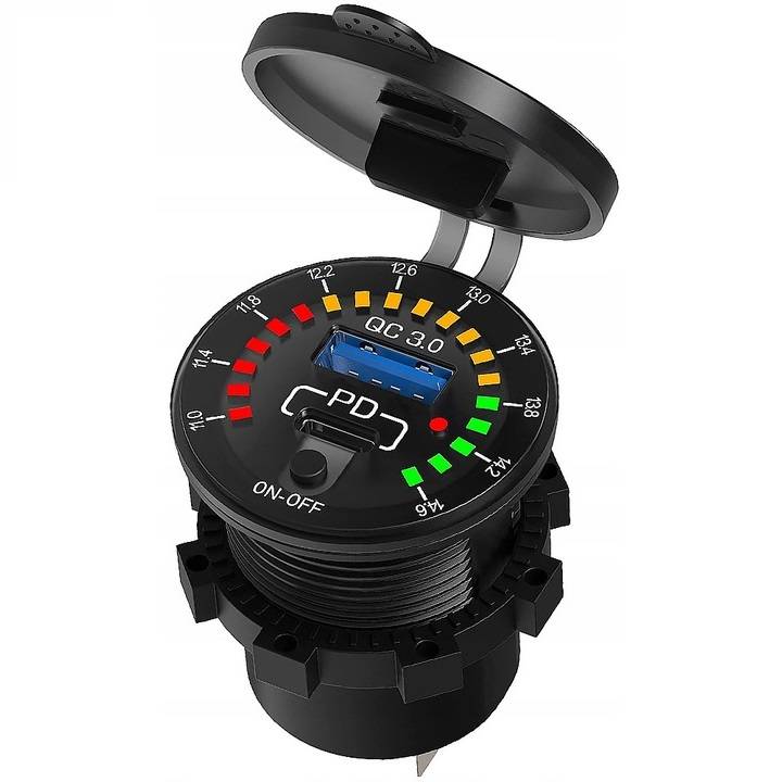 

Motocyklowa ładowarka QC3.0 Usb 18W, Usb-c 30W