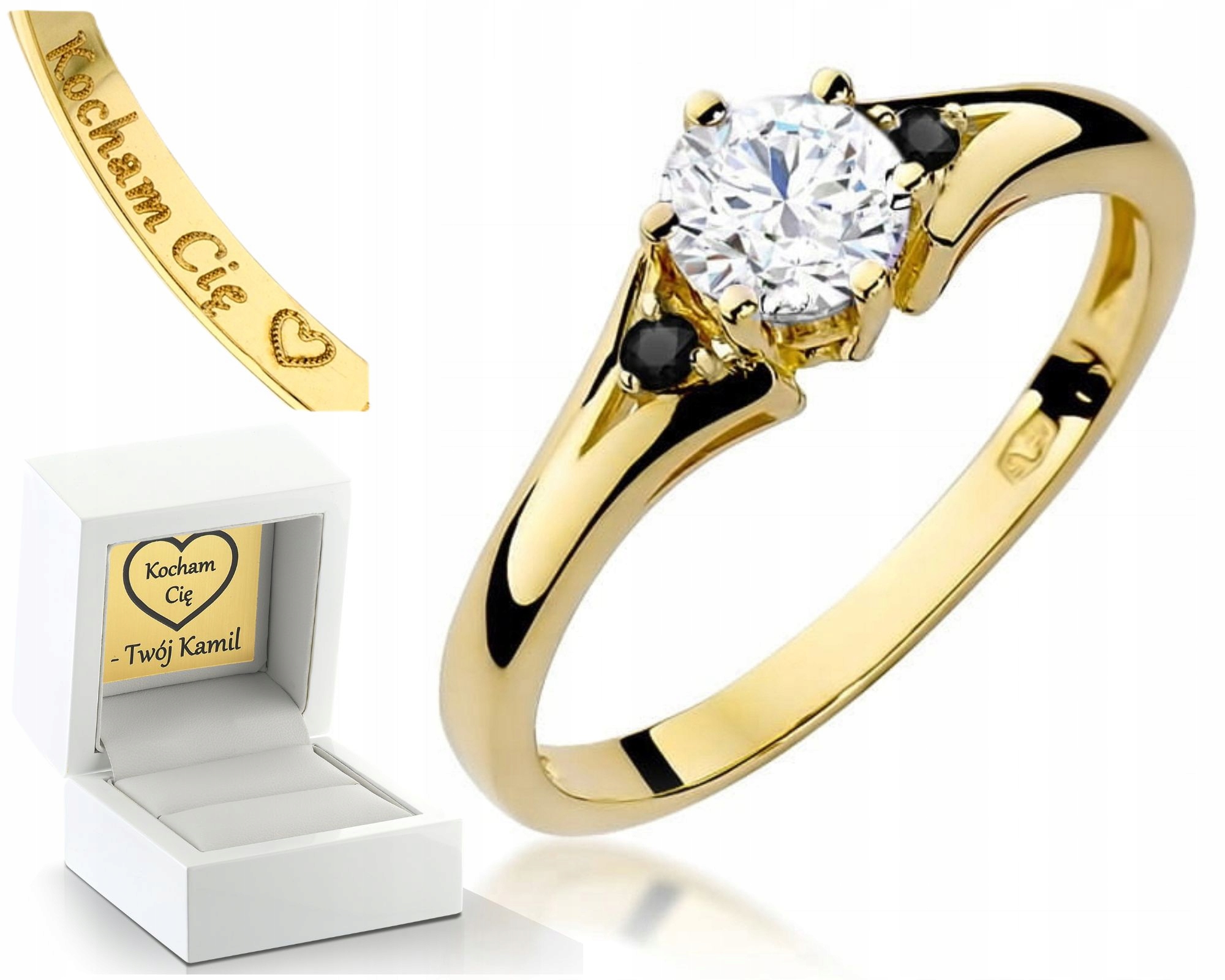 Zlatý Prstýnek Přírodní Kámen Bílý Safír A Černé Brilianty