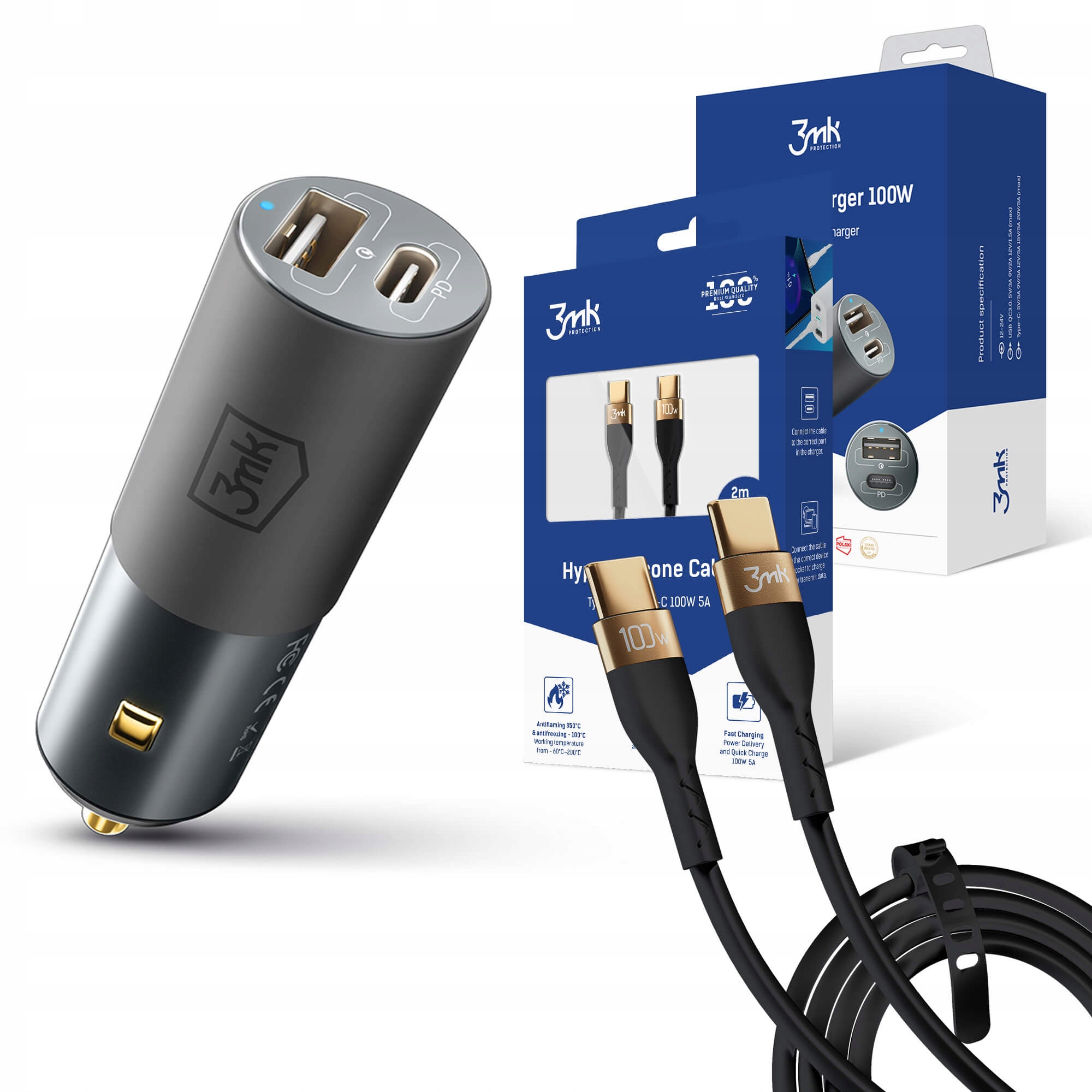 

Ładowarka samochodowa 3mk 100W Kabel Usb-c 2m 5A