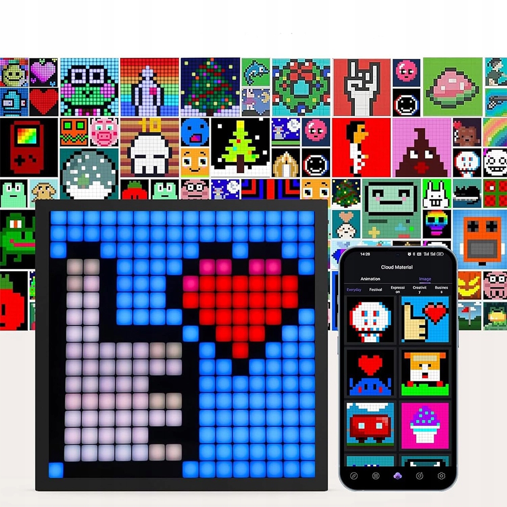 WYŚWIETLACZ PIXEL ART INTELIGENTNY ZEGAR LED WZÓR ANIMACJI GRAFFITI RGB Moc 10 W