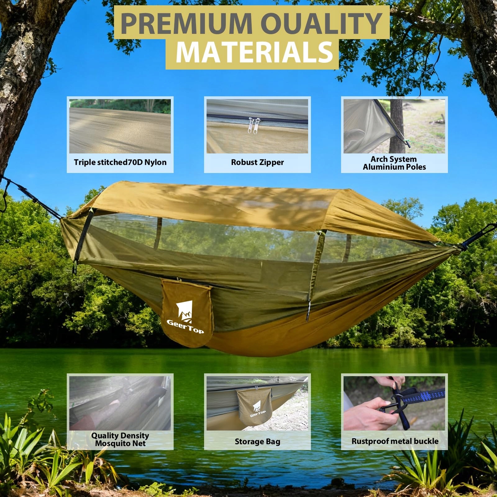 Hamak Outdoor Z Moskitierą I Daszkiem Ultralekki Camping 200kg GEERTOP — miniatura 5