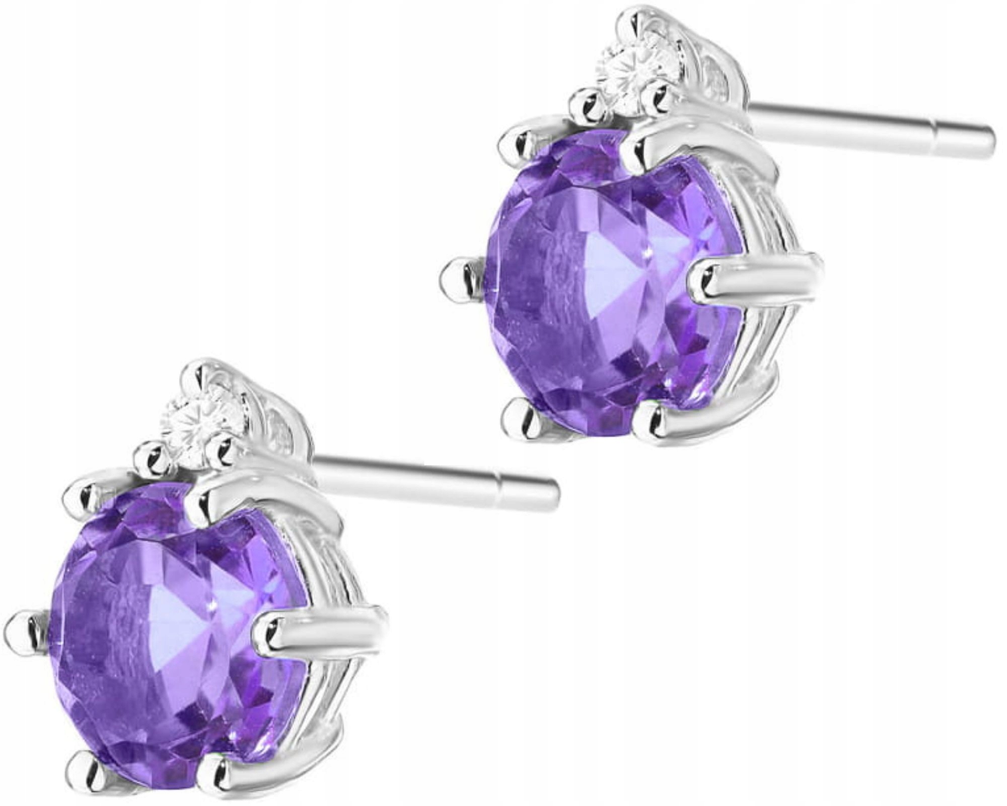 Białe Złoto Kolczyki Na Sztyfcie Kamień Naturalny Ametyst Brylanty Diamenty