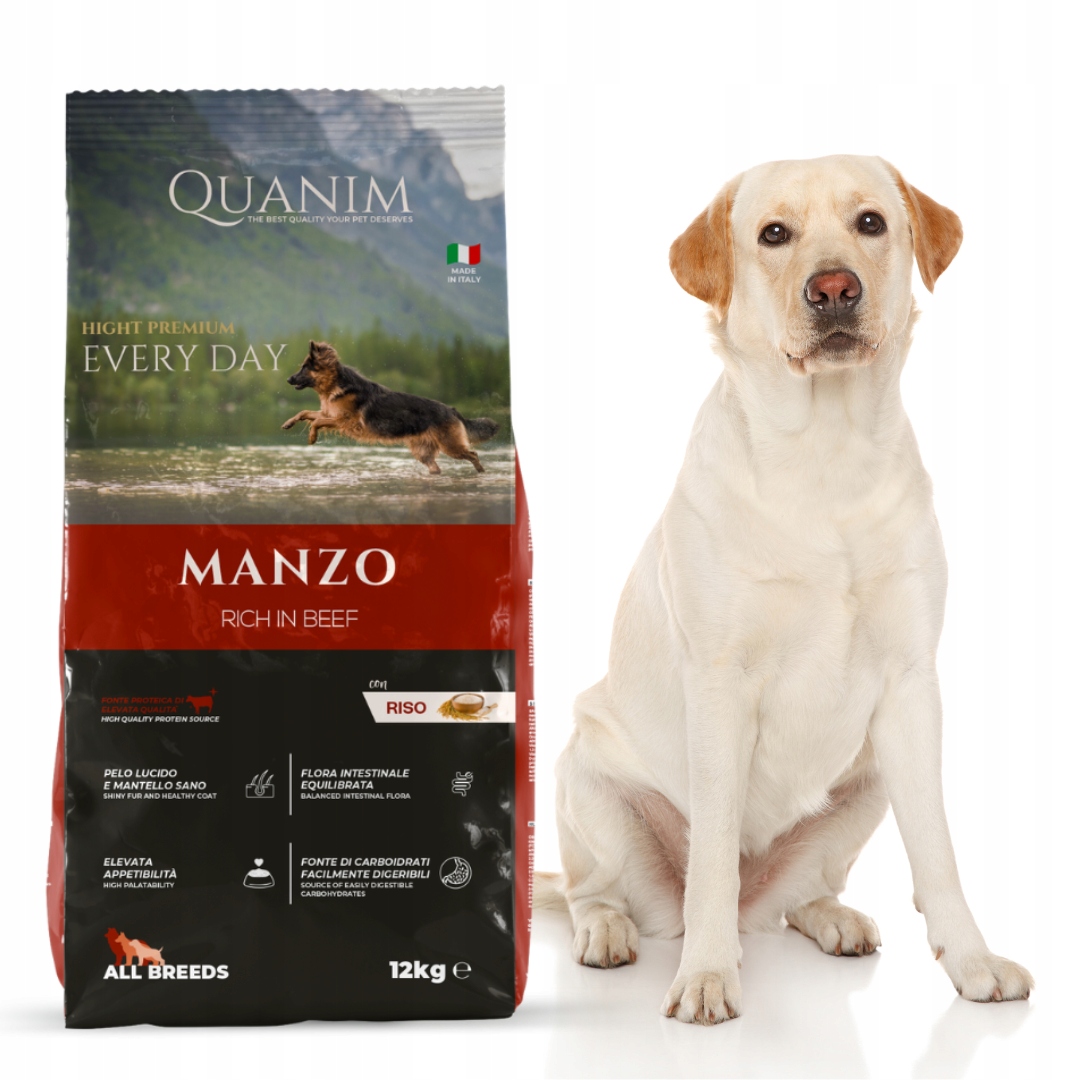 Levně Quanim Hovězí Premium 12KG Ovčák Labrador Husky Beagle Amstaff