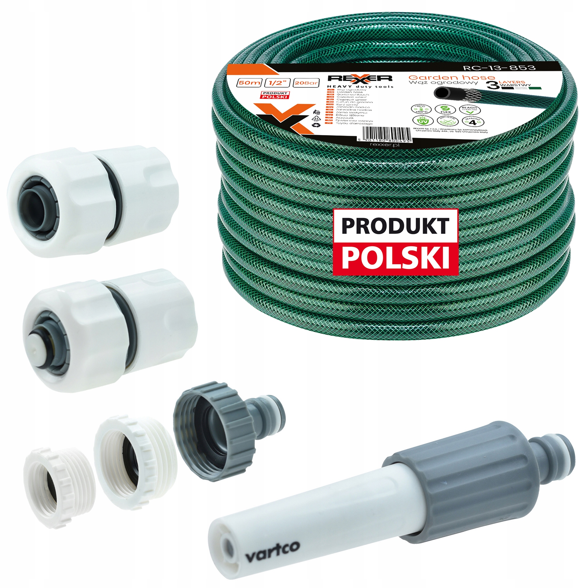 Hadice 1/2" 50 M 3 Vrstvá Spojky Tryska Polský