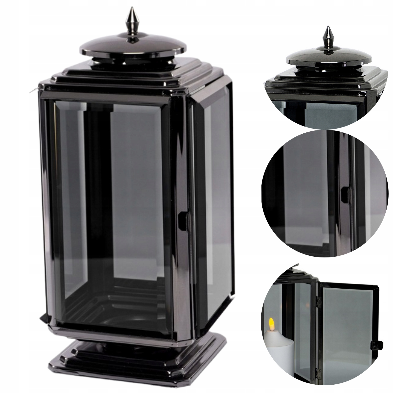 Exkluzívny náhrobná sviečka z kovu a skla, čierny, brúsené sklo, elegantný, 28 cm