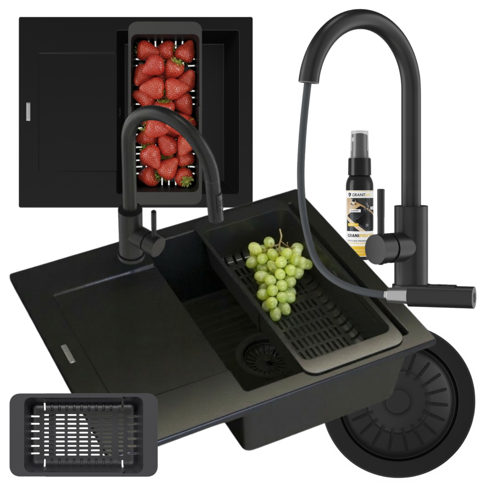 Jednokomorový granitový dřez Bello Pravý Dřez, baterie, sifon, černý