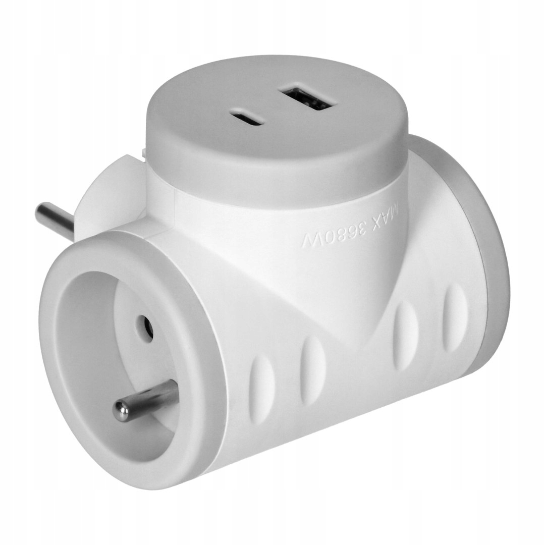 Rozbočka 2P+Z s nabíječkou 2xUSB, rychlé nabíjení, bílo-šedý
