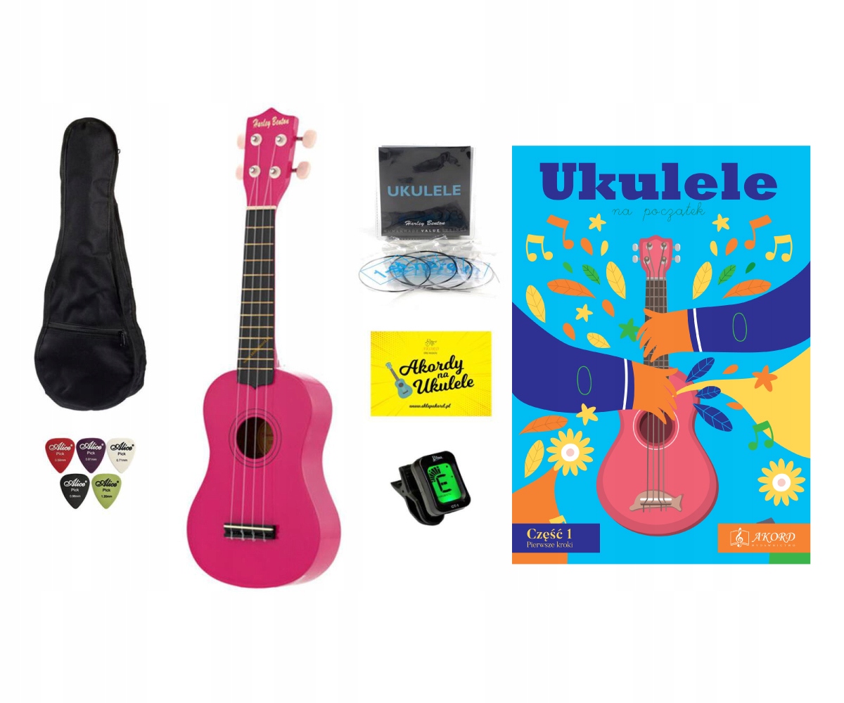 Ukulele Harley Benton Pink + zestaw akcesoriów + książka Ukulele na