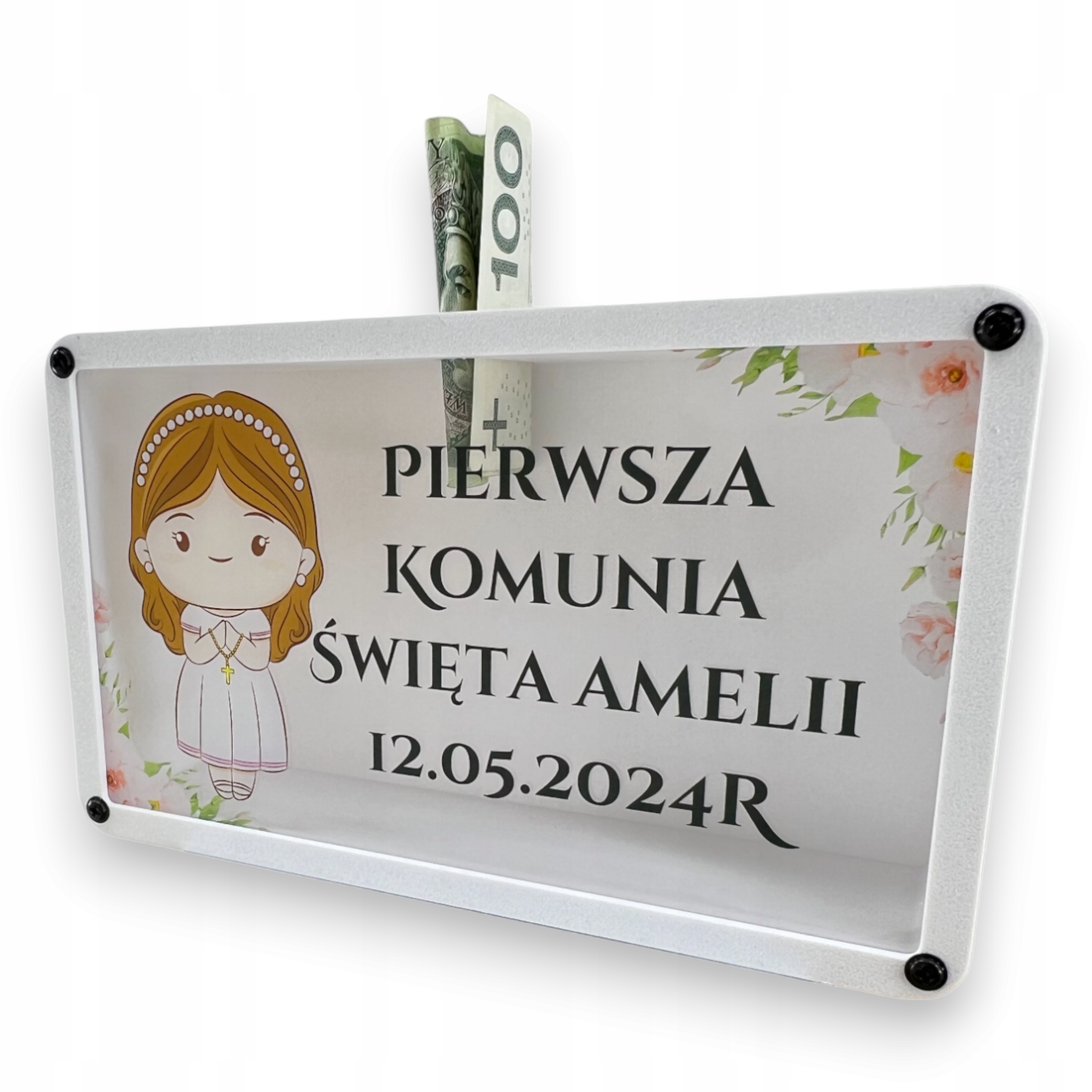 Skarbonka z grafiką IMIĘ pojemnik, prezent Pierwsza Komunia Święta Wzory