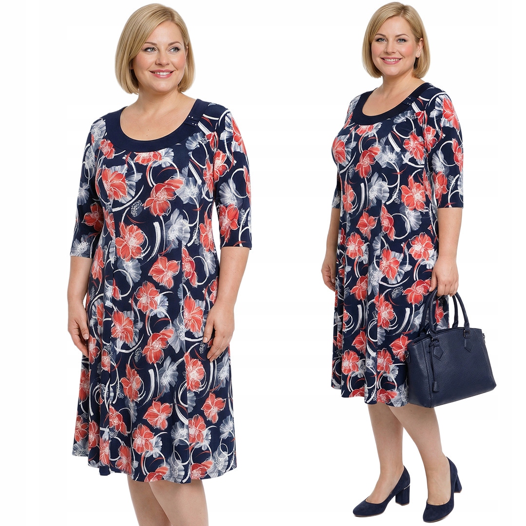 Tmavě modrá šaty s červeno-šedými květy a velikostí velikost 48/50