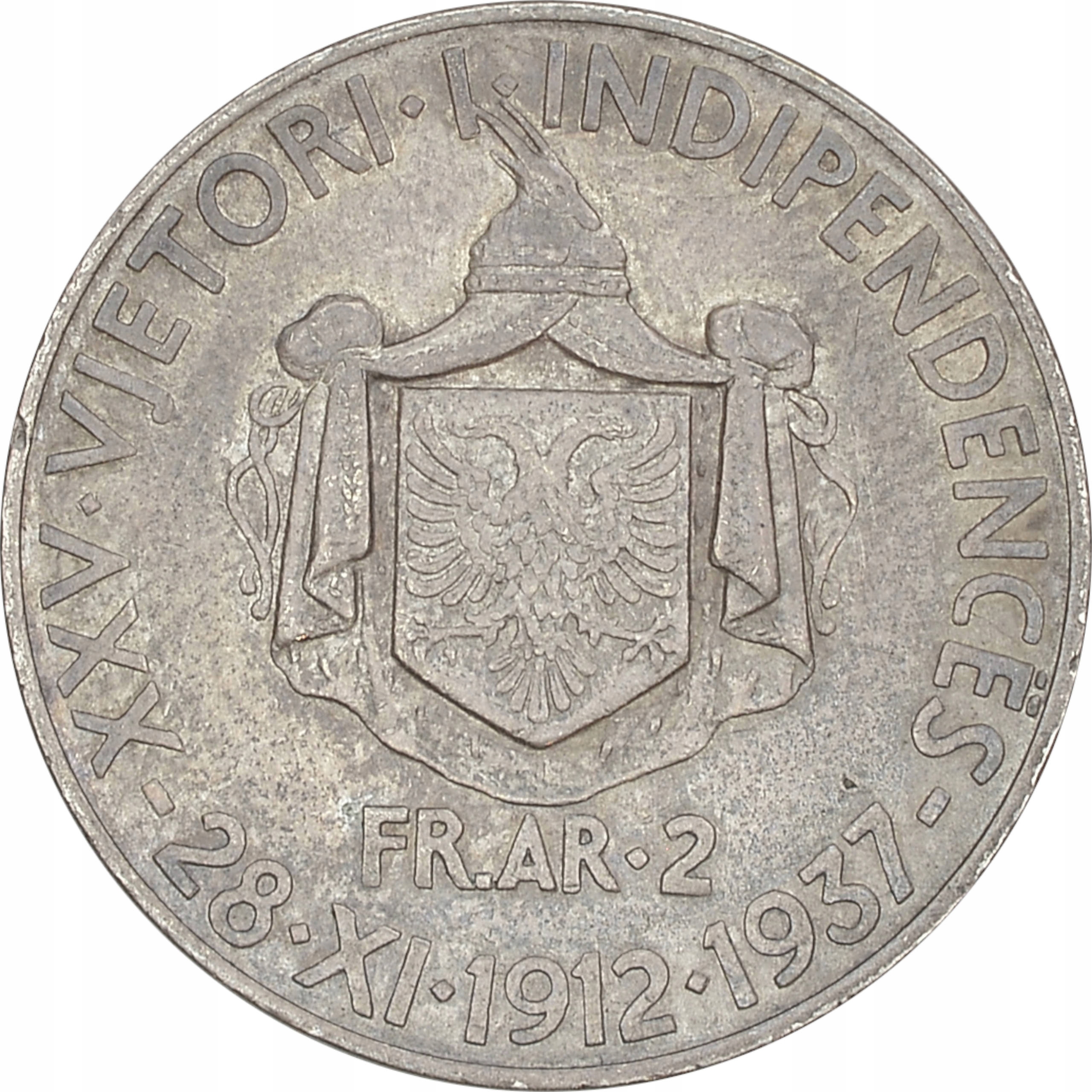 19.ALBANIA, 2 FRANGA AR 1937 25 L.NIEPODLEGŁOŚCI