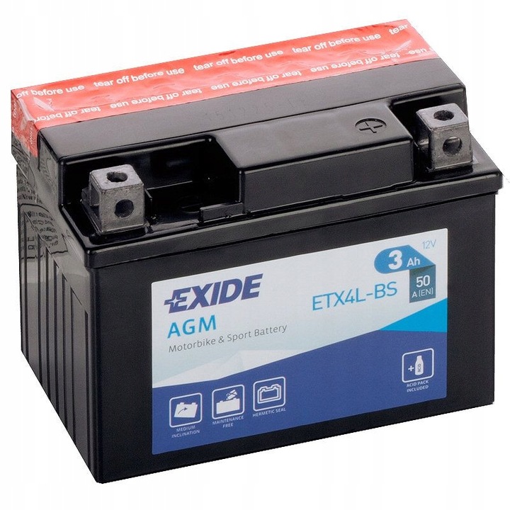 Akumulator Motocyklowy Exide Bike 12V 3Ah 50A YTX4L-BS ETX4L-BS Nowy Model