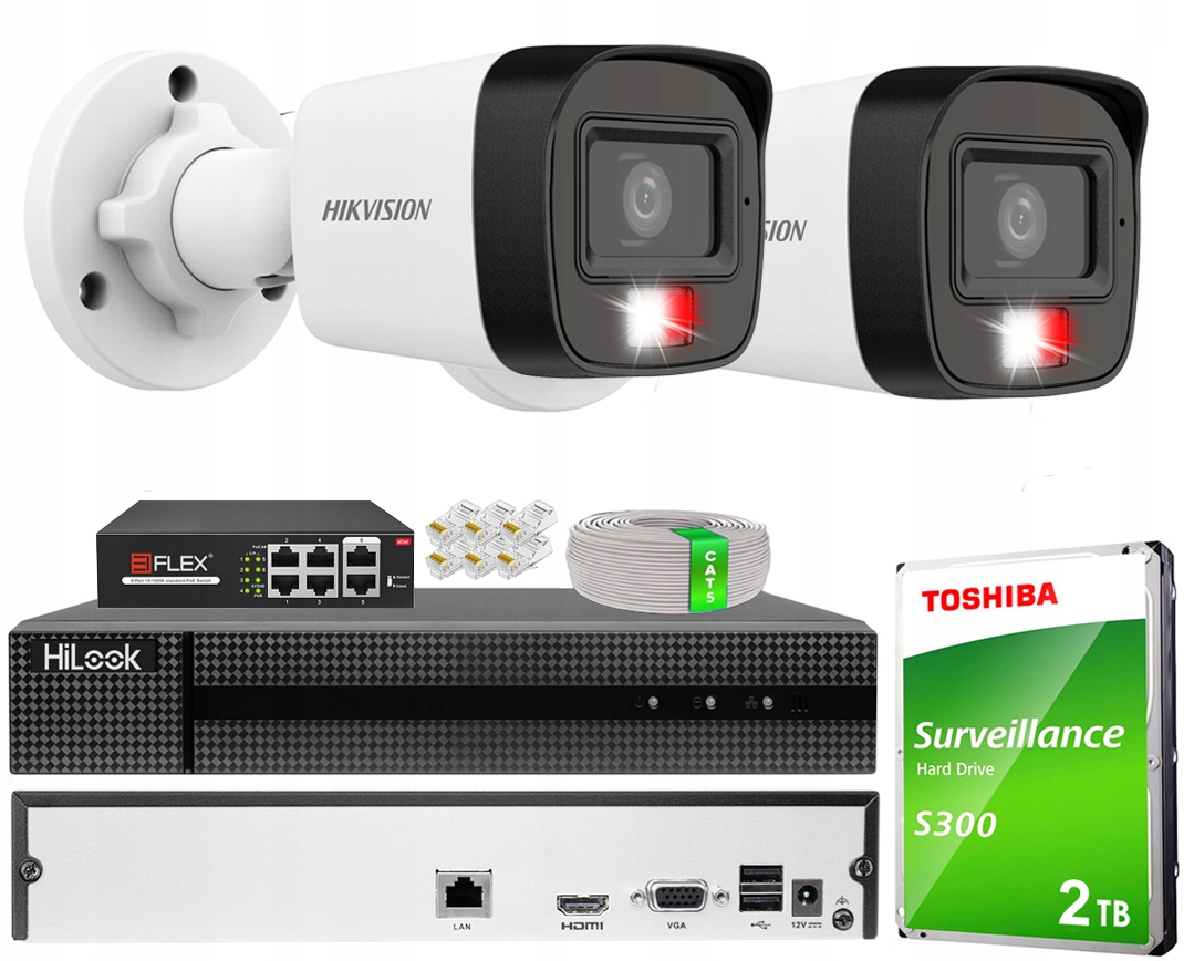 Zestaw Monitoringu HIkvision 4MPX 2 Kamery Zewnętrzne PoE Mikrofon Dysk 2TB