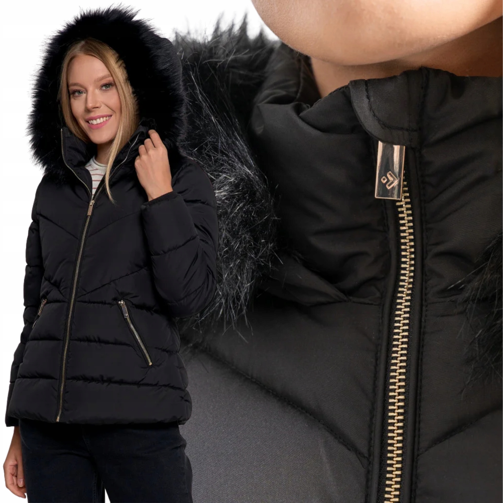 Dámská prošívaná bunda s kožešinou Elegantní s odnímatelnou kapucí Moraj 3XL