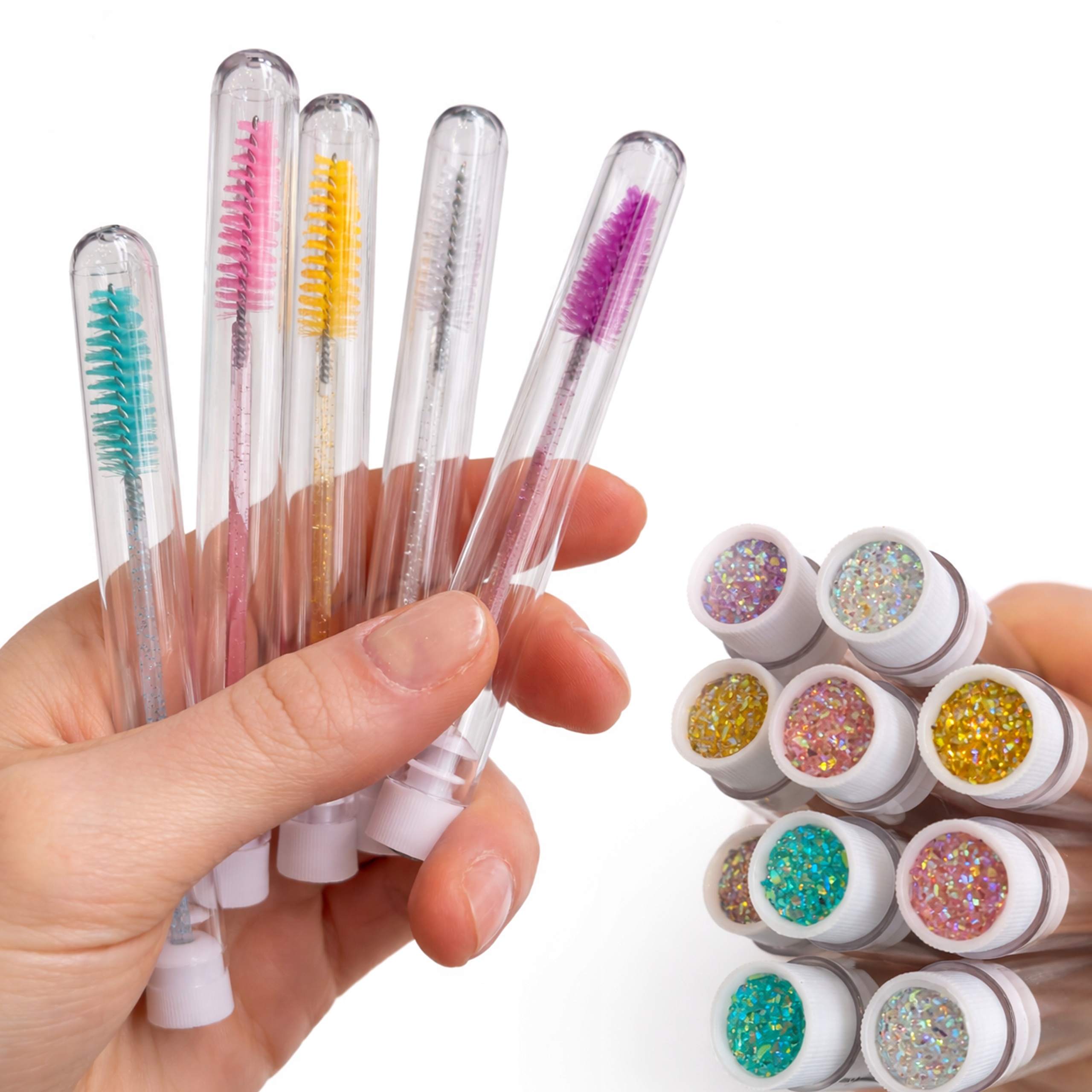 Spirálový Kartáček Na Řasy A Obočí Brokátový V Ochranné Tubě MIX 48 Ks