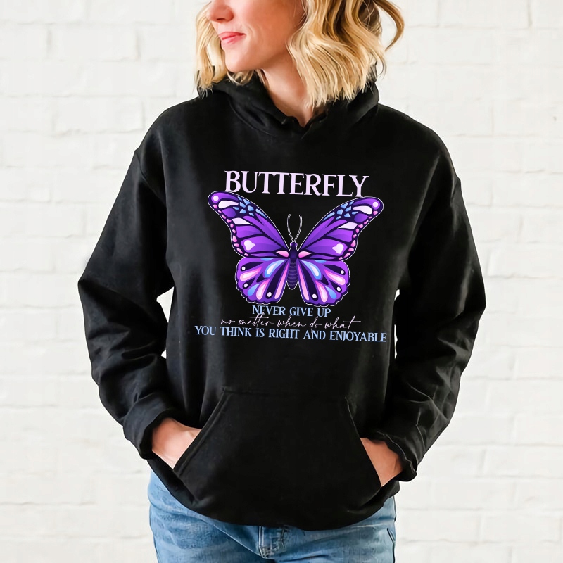 Černá mikina s kapucí Dámská Never Give Up Motivační vzory Velikost M