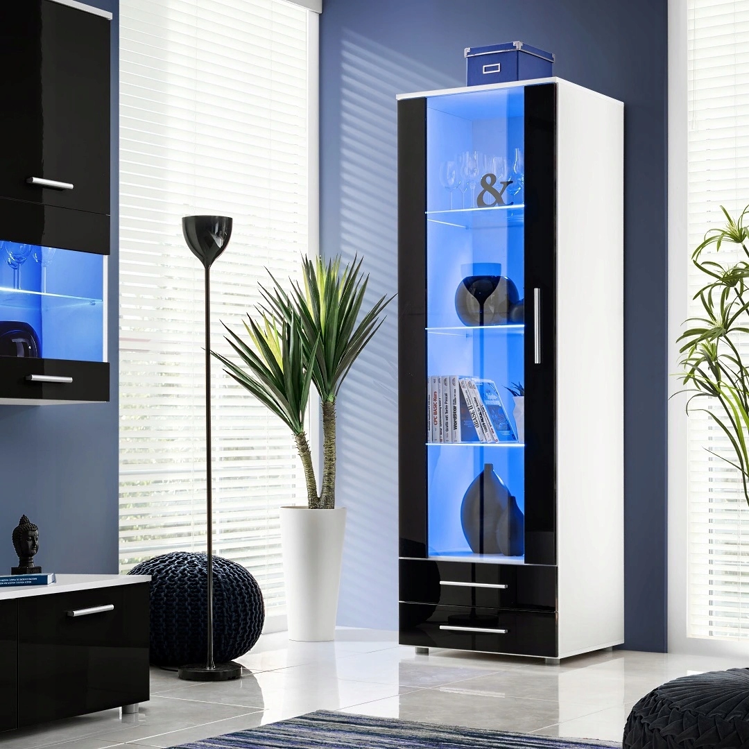 WITRYNA STOJĄCA KOMODA SŁUPEK Z SZYBĄ BIAŁY MAT CZARNY POŁYSK LED 60cm Głębokość mebla 54.5 cm