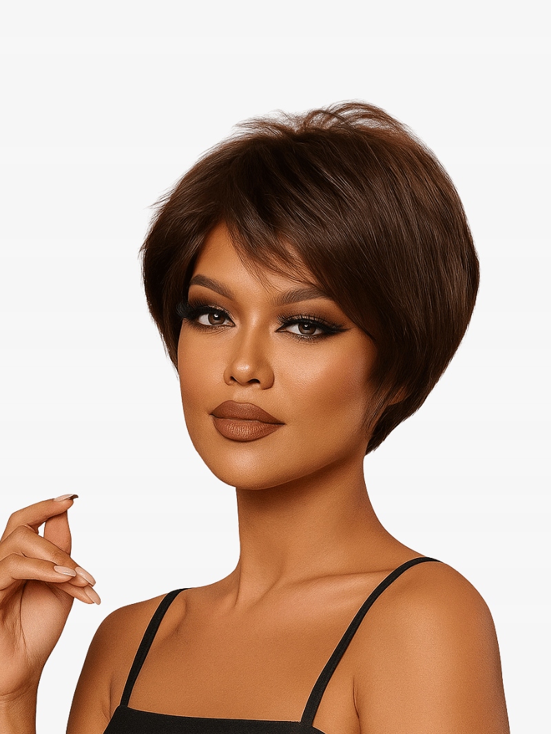 Krótka peruka włosy syntetyczne sztuczne brąz LC2020-2 czepek