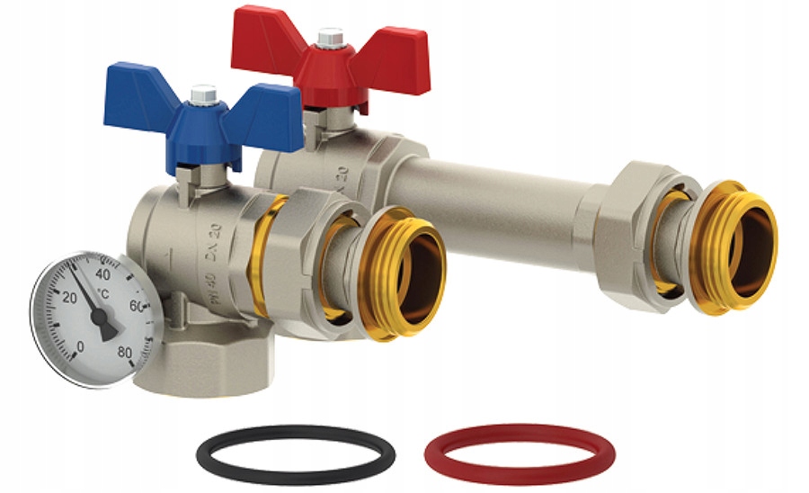 Zawór rozdzielacza kątowy długi 1" z termometrem i śrubunkiem, seria Skalar