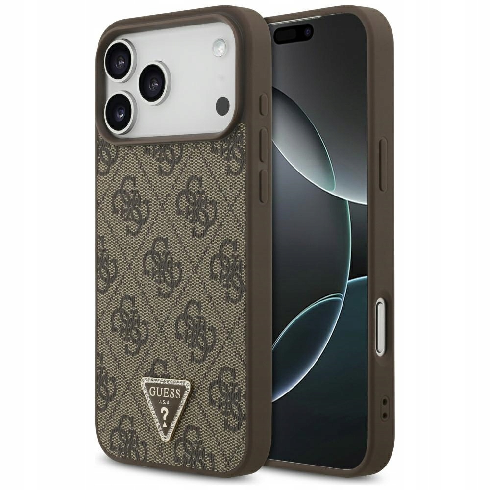 Pouzdro Guess Leather 4G Triangle Strass MagSafe pro iPhone 17 Pro Max, hnědé