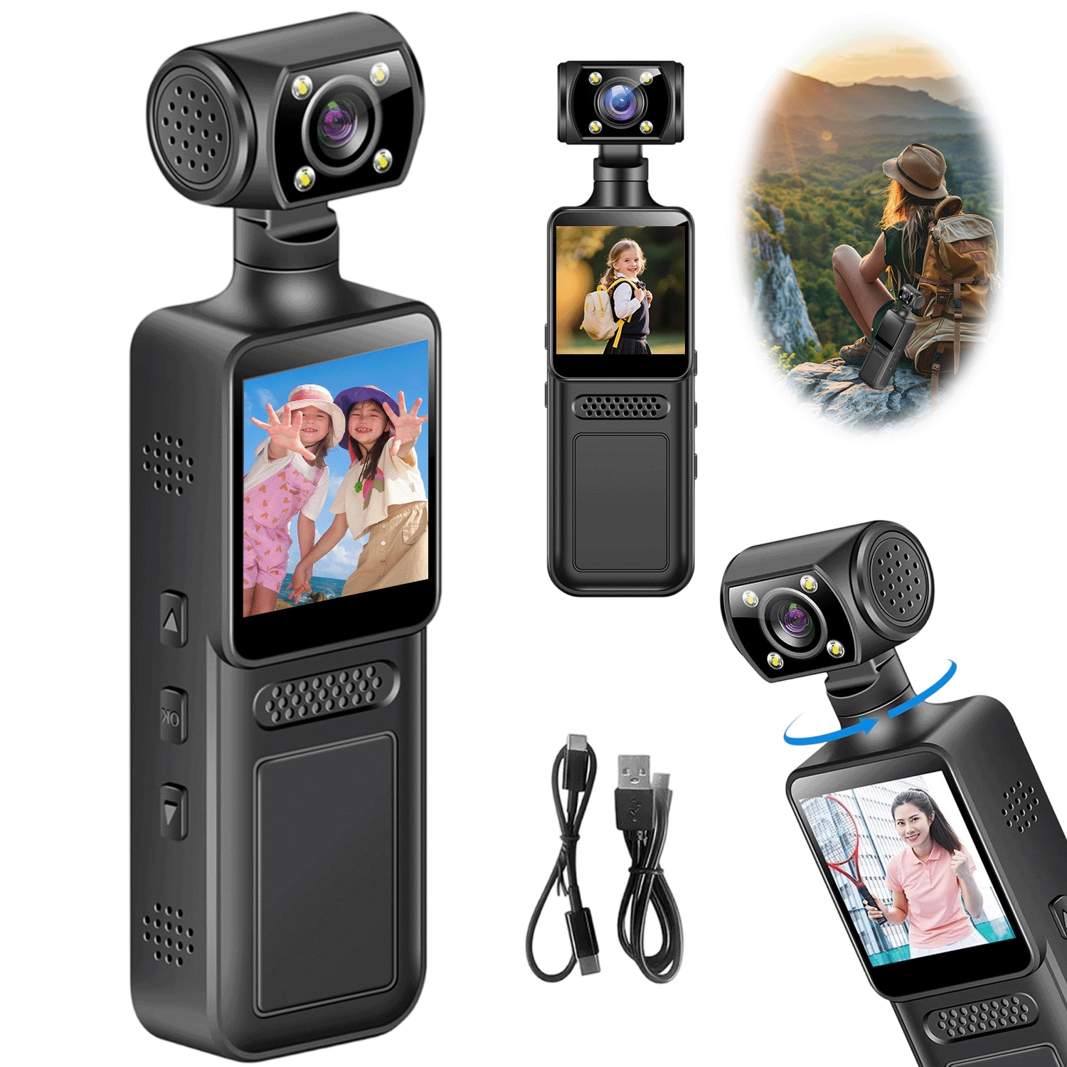 Kamera Na Klip 4K Wifi Nahrává V Obou Směrech 180° Otáčení Mobilní Aplikací