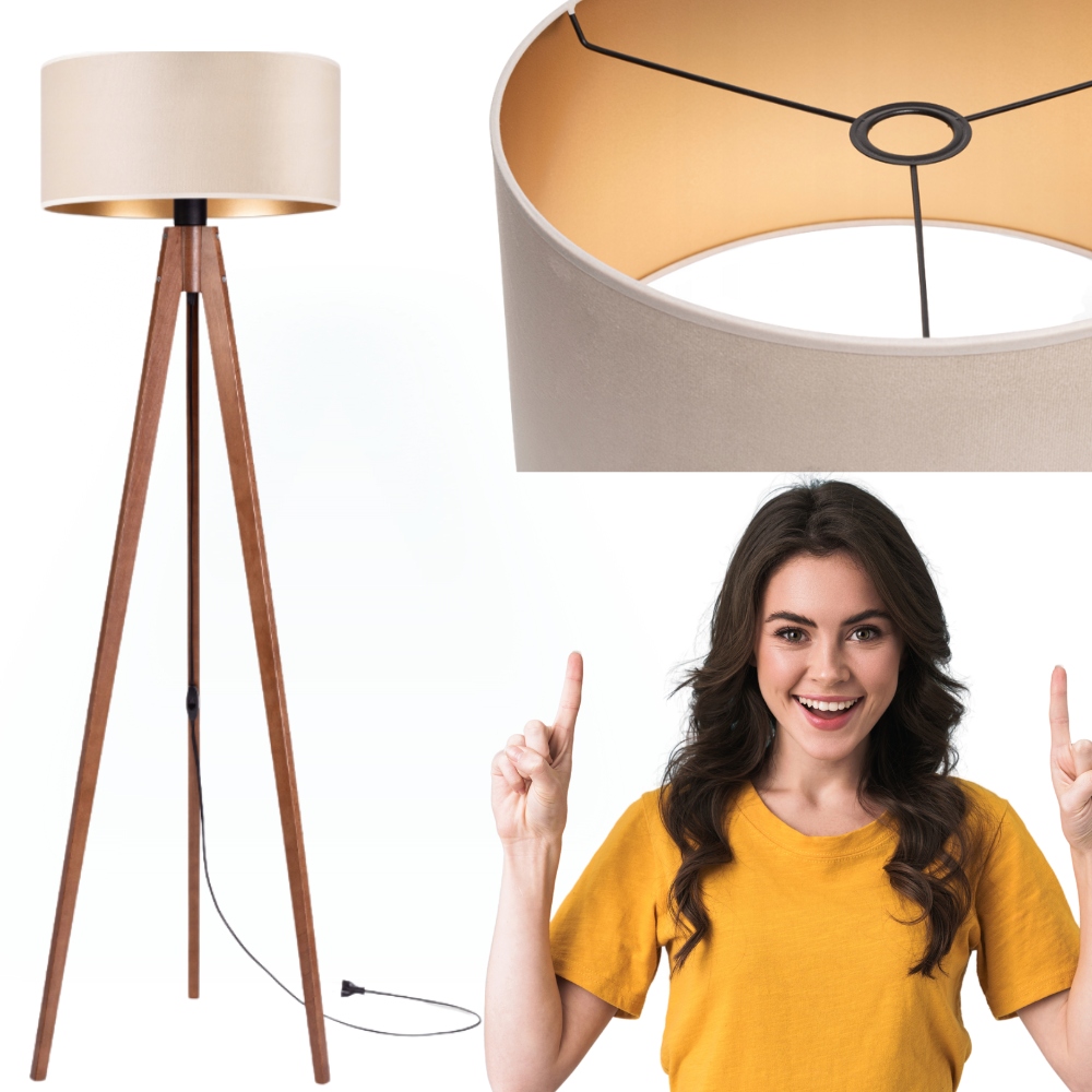 Lampa stojąca podłogowa Trójnóg Drewniany orzech Abażur Welur beżowy złoty