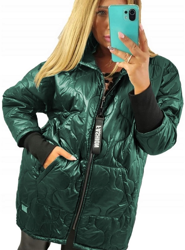 Kurtka Damska Pikowana Długa z Kapturem Zielona Lekka r. 54