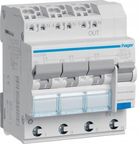 Proudový spínač s členem ADZ316D B 16A 30 mA A 3x1P+N Hager
