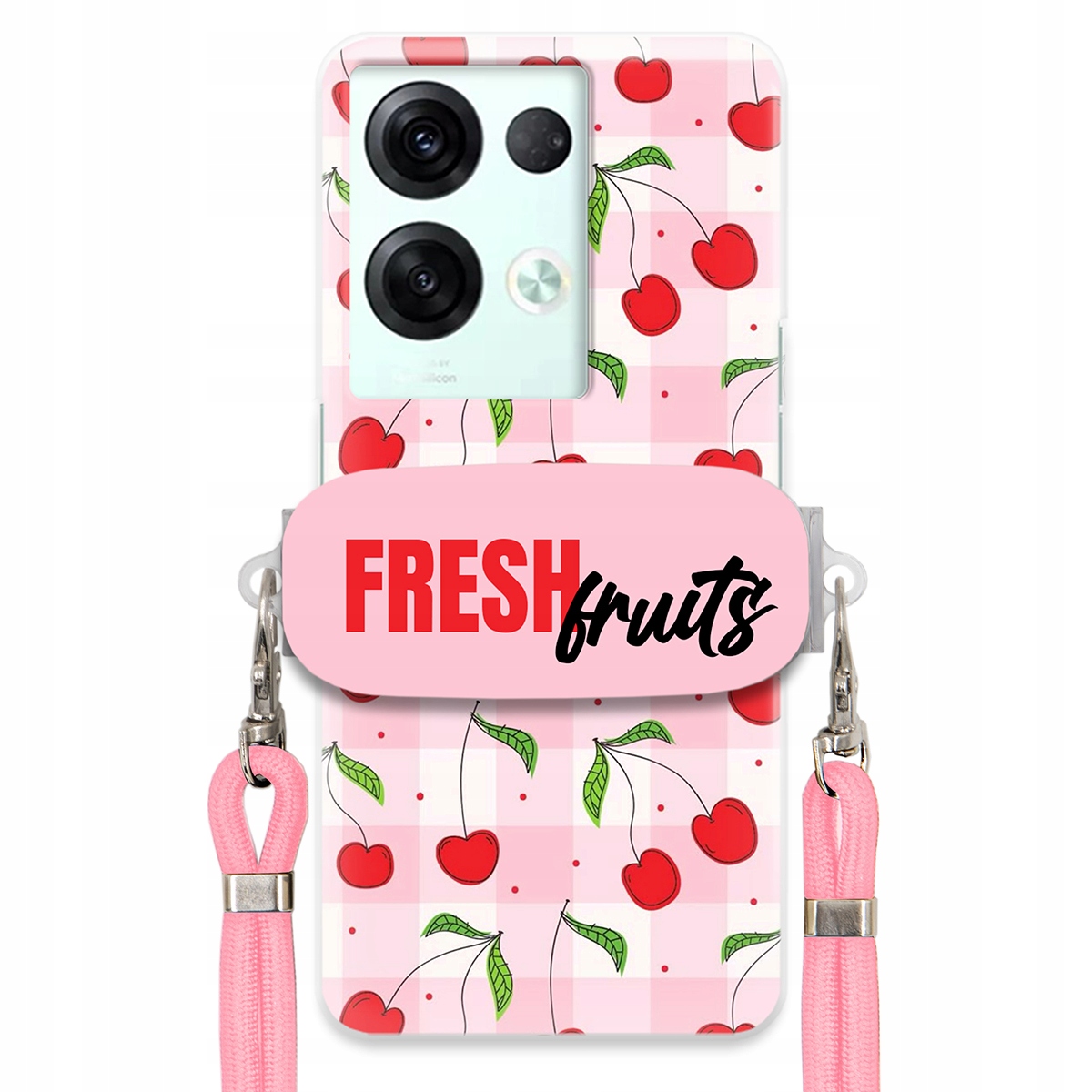 Puzdro pre Oppo Reno 8 5G Case držiak na šnúrku Ružový Fresh Fruits Mriežka