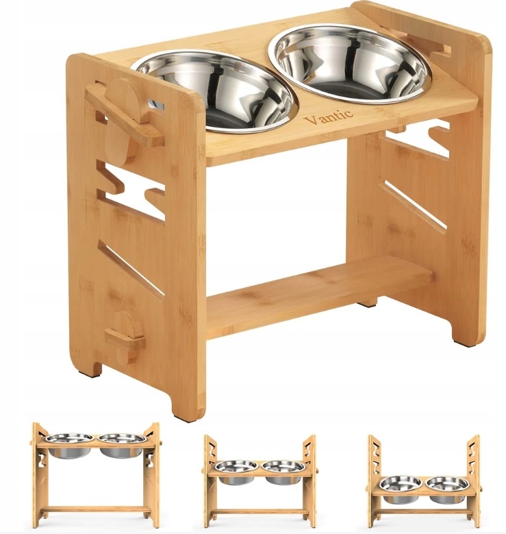 Stojan Na Krmítko Pro Zvířata Se Dvěma Miskami Z Nerezové Oceli Bambus