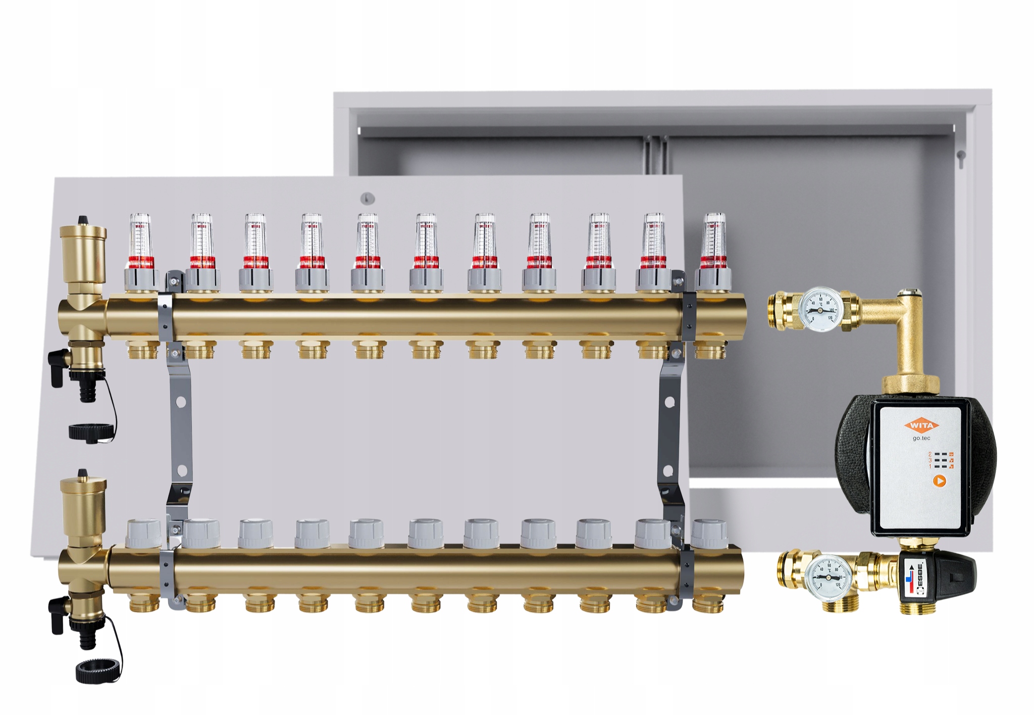 Rozdělovač pro podlahu 11 okruhů s čerpací skupinou Wita nástěnná skříňka