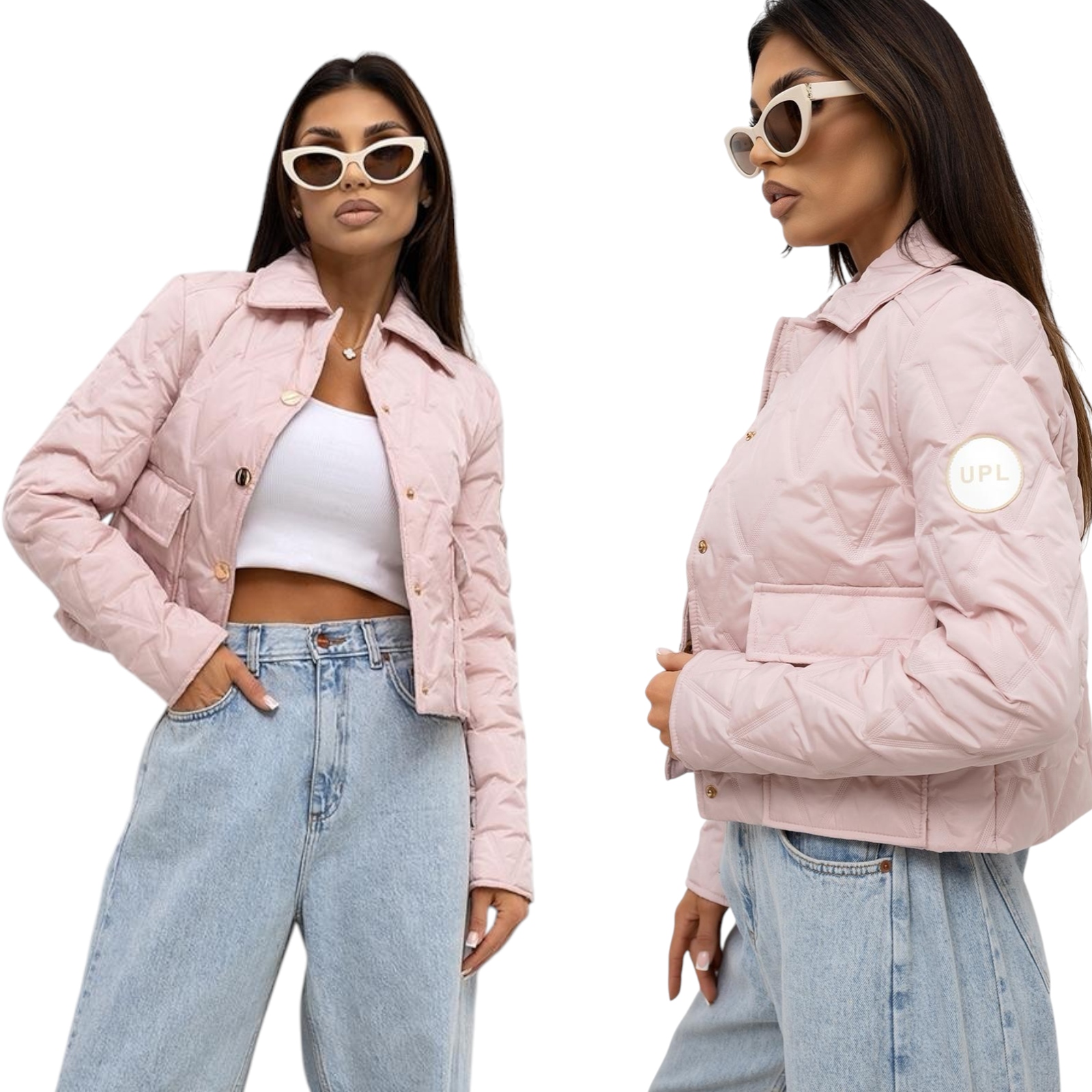 Dámská prošívaná bunda Krátké jarní zlaté druky Polská výroba Růžová S