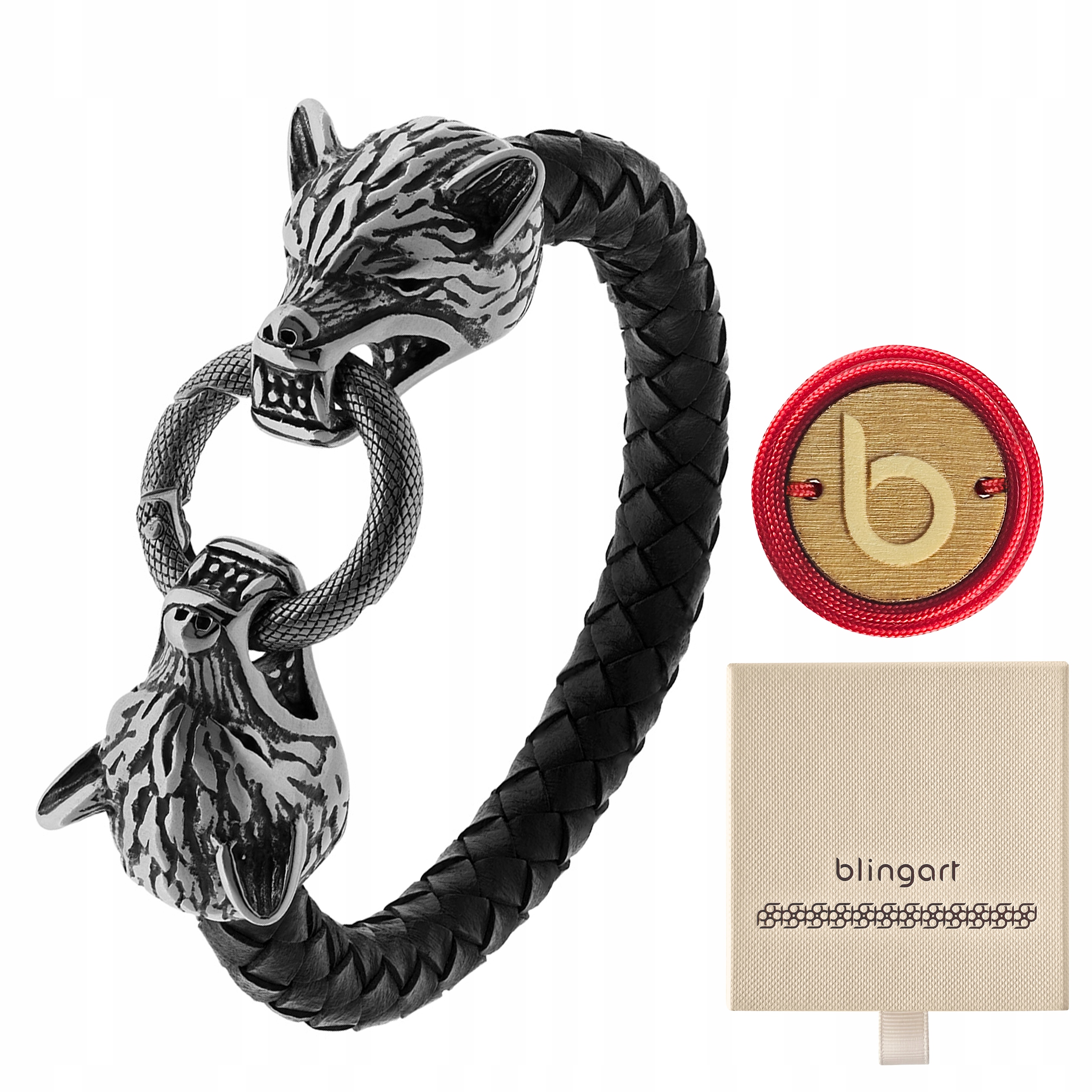 Pánský kožený náramek pletený černý s vlkem ocel 316L Blingart